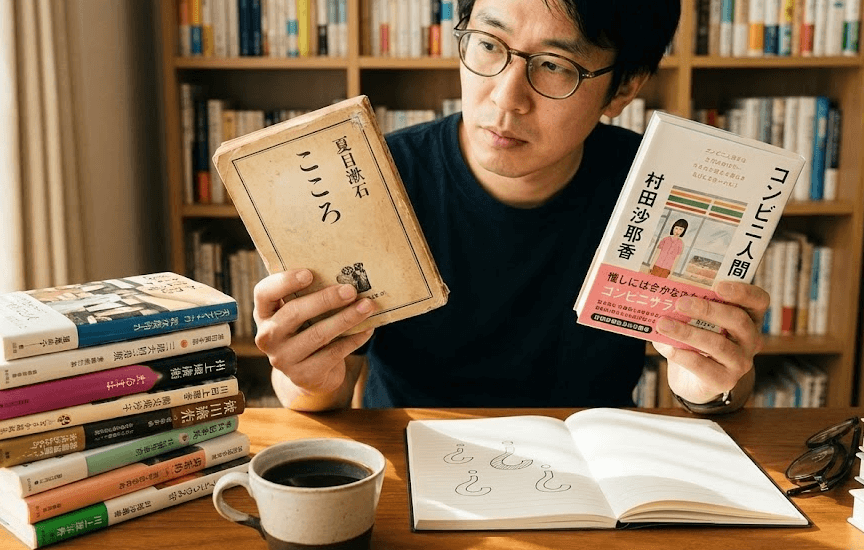 A man comparing books with a stack of books on his desk, and bookshelves in the background